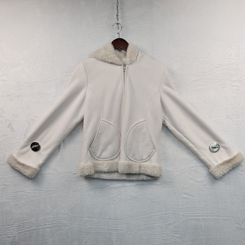 VTG Mudd Jacket Womens M Cream Faux Suede Fur Trim Hooded McBling Snow Bunny Y2K - Picture 8 of 14